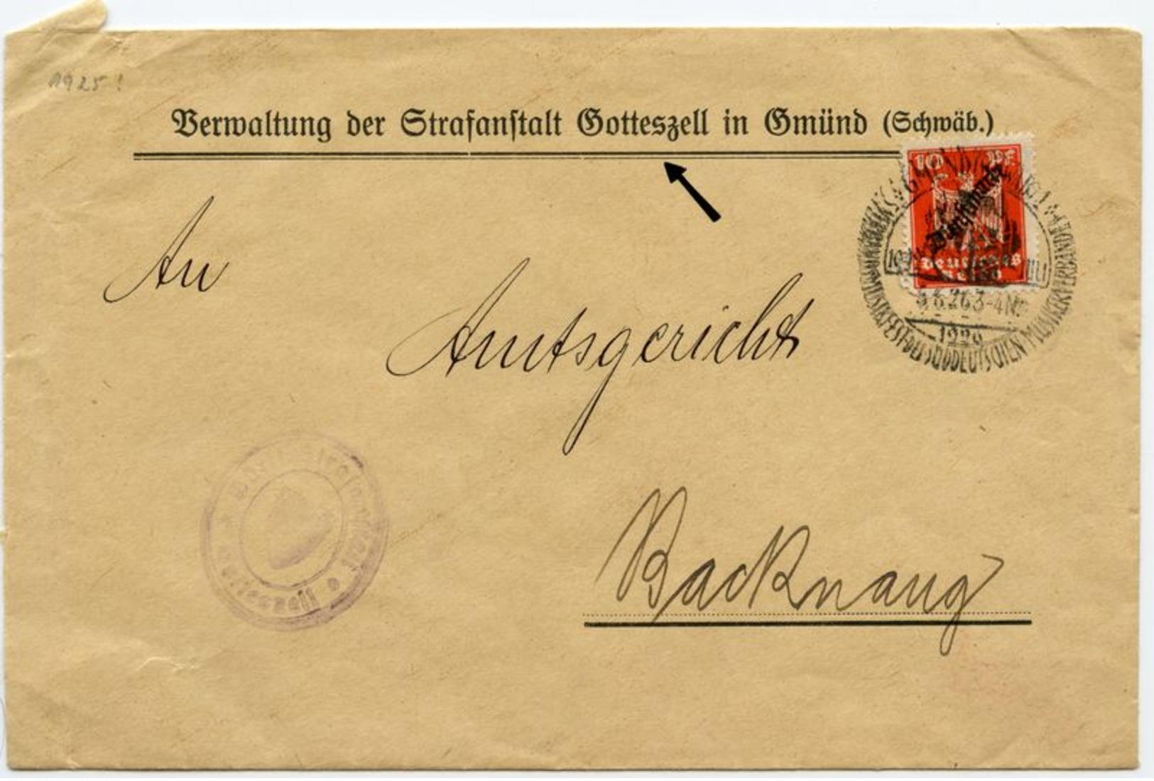 DT.REICH 1926, DIENST-Nr. 107 AUF BRIEF AUS DER STRAFTANSTALT GOTTESZELL - Officials