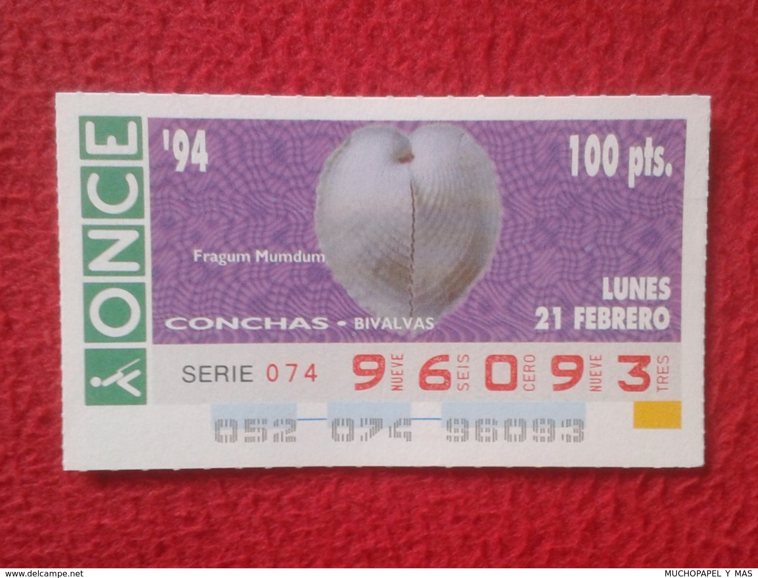 CUPÓN DE ONCE 1994 LOTTERY LOTERIE SPAIN LOTERÍA CONCHAS MARINAS O SIMIL MARINE SHELLS SHELL COQUILLAGES THE SEA CONCHA - Billetes De Lotería