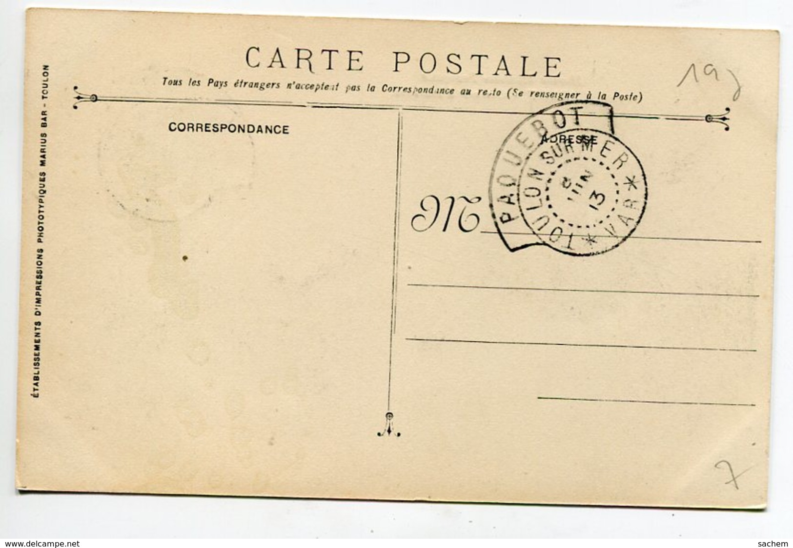 MARINE CACHET " Paquebot TOULON  Sur Mer  8 Juin 1913 "   Cuirassé  à Tourelles CARNOT     D16  2019 - Guerre