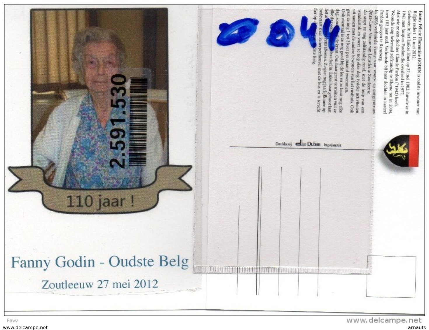 Fanny Godin Wed. PardonJacques- Oudste Belg - Hoei Huy 27 Mei 1902 -110 J Zoutleeuw -2012- Eeuweling +7/9/2014 ZOUTLEEUW - Zoutleeuw