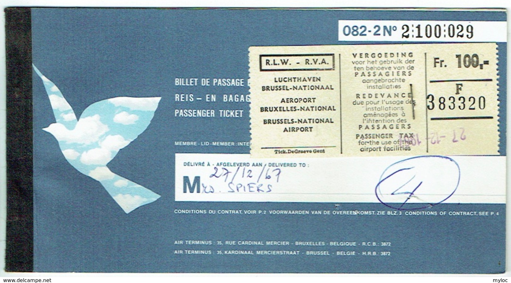 Ticket/Billet D'Avion. SABENA.   Brussels/Nice/Brussels. 1967. - Europe