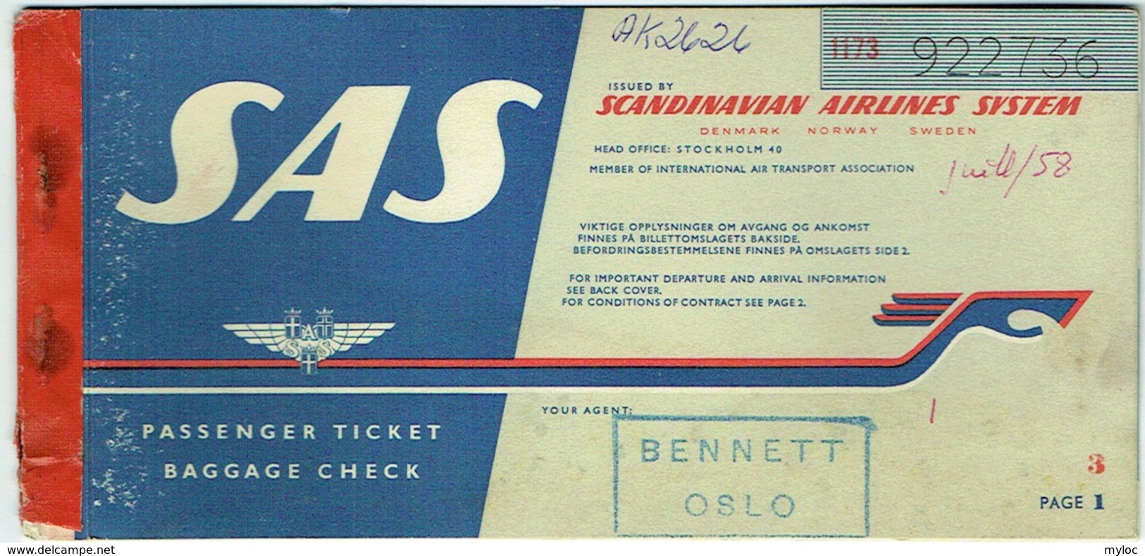 Ticket/Billet D'Avion. SAS. Scandinavian Airlines System.  Oslo/Hamar/Trondheim/Bodo. 1958. - Europe