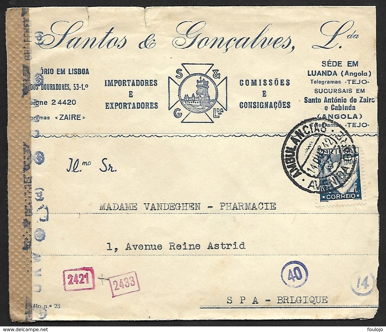 N° 543B Sur Lettre Obl. AMBULANCIAS AVENIDA GARE Du 14-OUT-42 Vers Spa Bande GEÖFFNET (Lot Nic 827) - Storia Postale