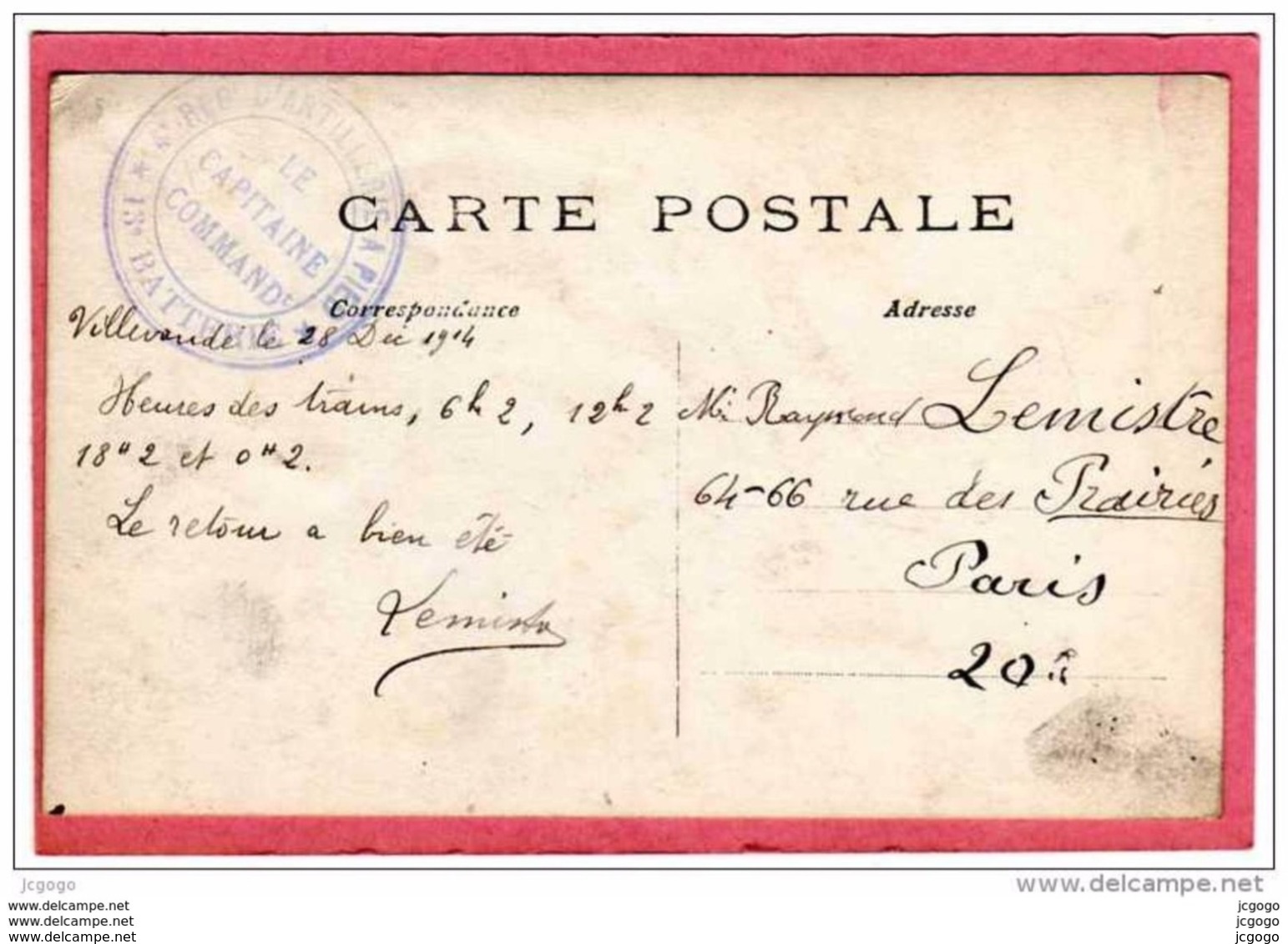 GUERRE 1914-18  GÉNÉRAL GALIENI Gouverneur Militaire De Paris. Carte écrite En 1914. Cachet Militaire. 2 Scans - Guerre 1914-18