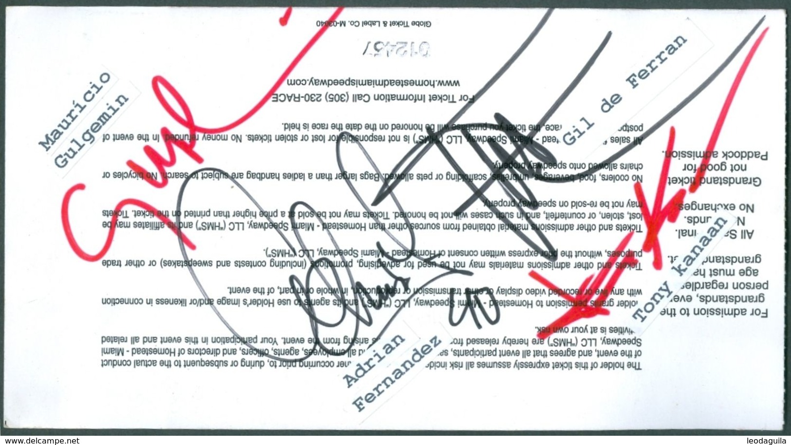 CART RACING - HOMESTEAD 2000  - RACE DAY TICKET AUTHOGRAPHS OF  TONY KANAAN - GULGELMIM - ADRIAN FERNANDEZ -  GIL - Autogramme