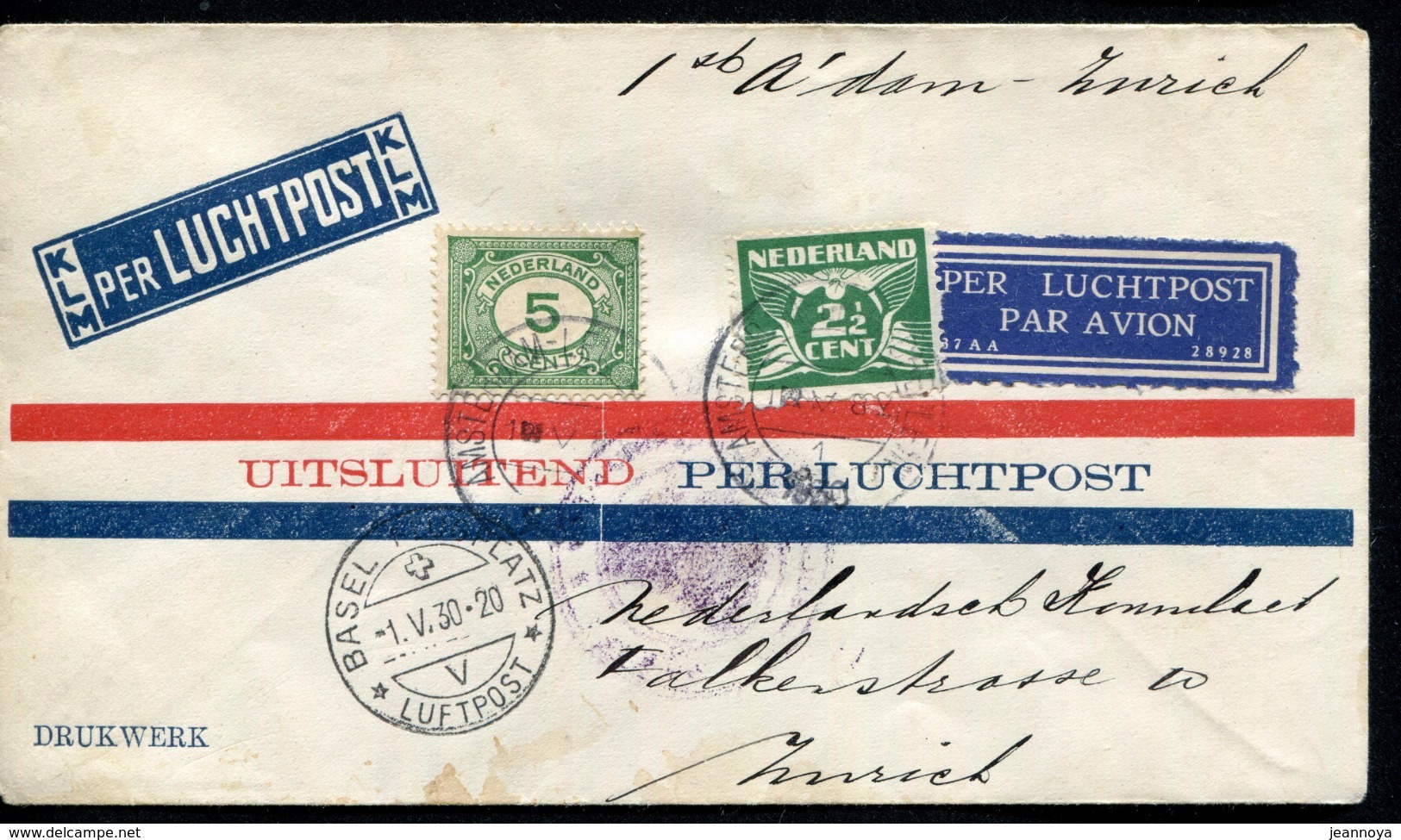 PAYS BAS - N° 103 + 169 / VOL AMSTERDAM ZURICH VIA BÂLE LE 1/5/1930 - TB - Poststempels/ Marcofilie