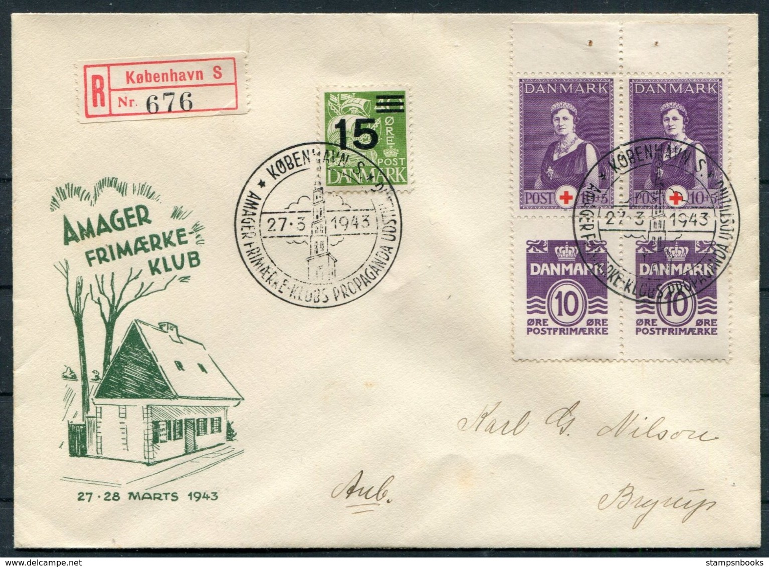 1943 Denmark Copenhagen Registered Amager Stamp Club Propaganda Exhibition Cover. Red Cross Booklet Pane - Covers & Documents