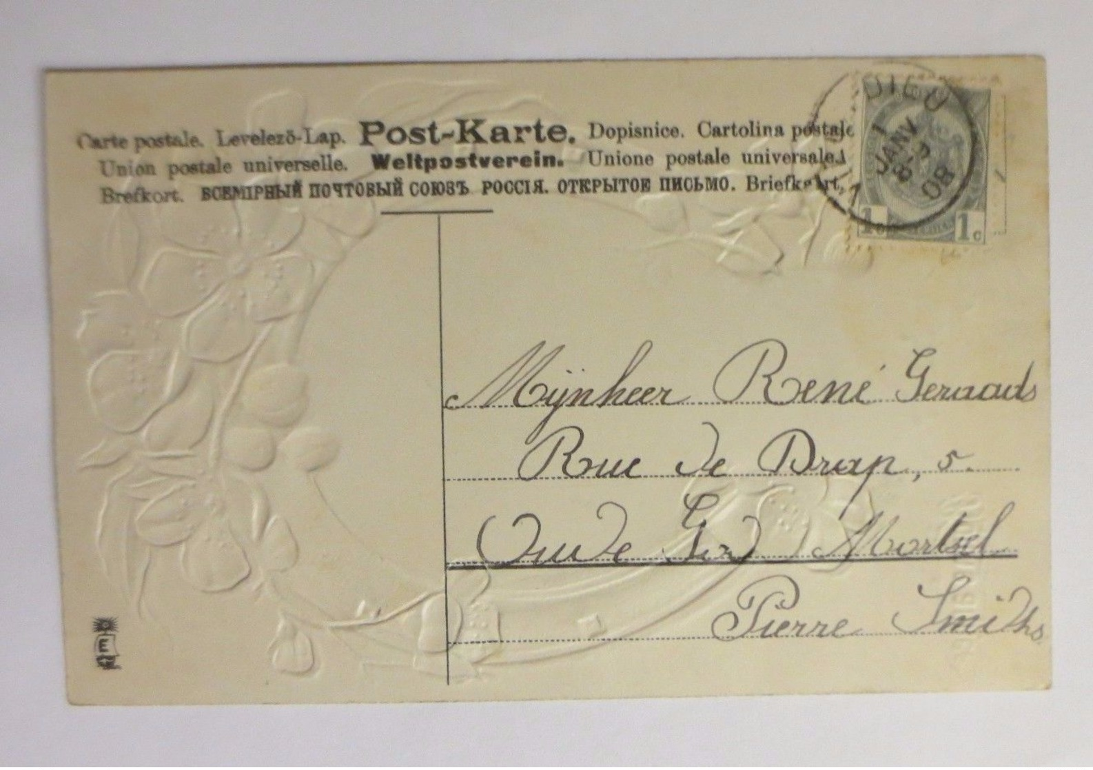 "Neujahr, Hufeisen, Rosen, Schwan, See"  1908, Prägekarte ♥   - Neujahr