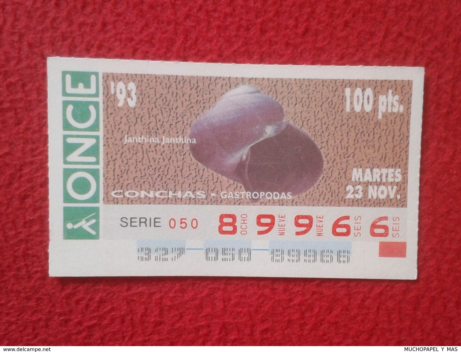 CUPÓN DE ONCE 1993 LOTTERY LOTERIE SPAIN LOTERÍA CONCHAS MARINAS O SIMIL MARINE SHELLS SHELL COQUILLAGES THE SEA CONCHA - Billetes De Lotería