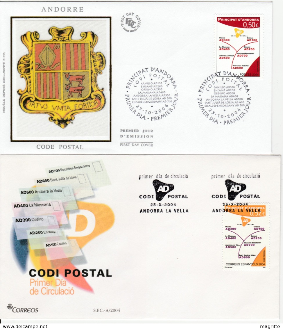 Andorre Fr. Andorre Esp. 2004 FDC's Emission Commune Codes Postaux Andorra Postal Code Joint Issue - Gezamelijke Uitgaven