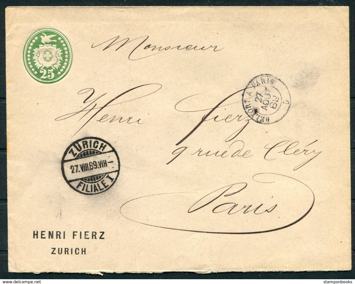 1889 Switzerland Henri Fierz, Zurich Private Stationery Cover - Paris France. Belfort A Paris Railway TPO - Cartas & Documentos