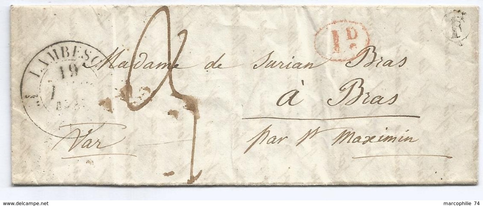 BOUCHES DU RHONE LETTRE FLEURON LAMBESC 1840 + BOITE F + ID ROUGE - 1801-1848: Precursors XIX