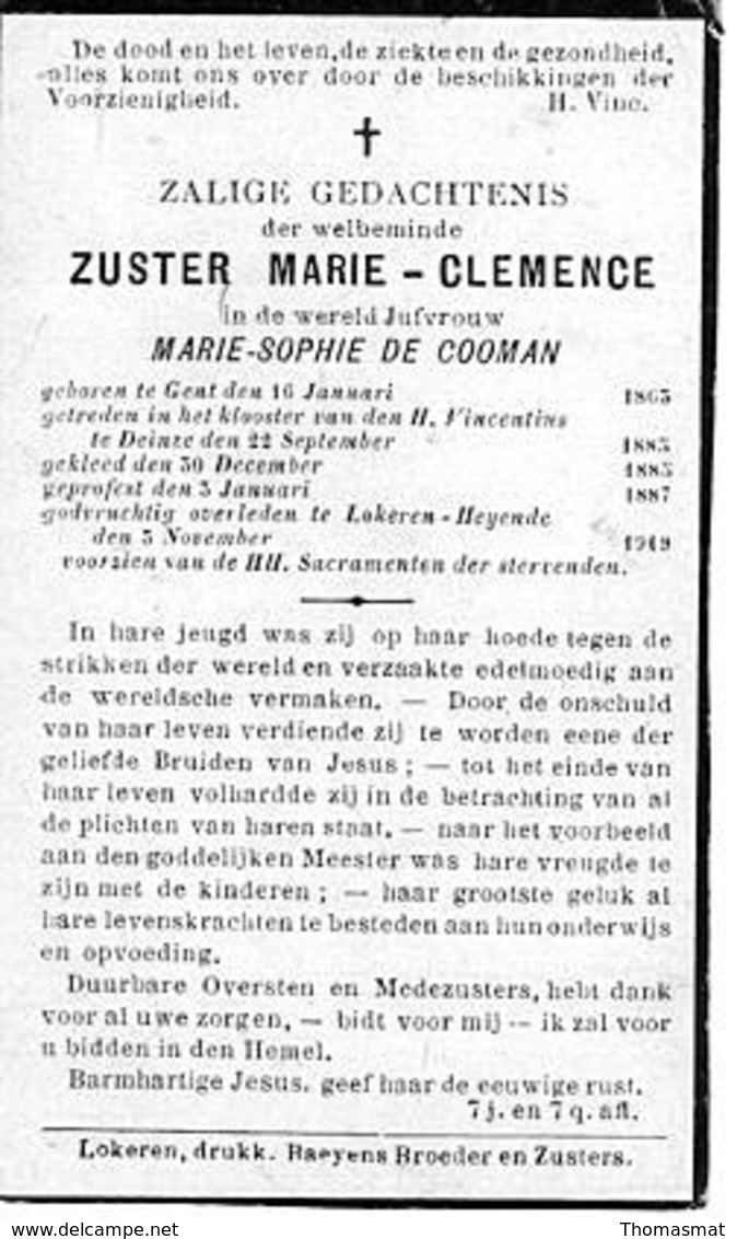 Bidprentje - Marie De Cooman - ZUSTER Marie Clemence - Gent - Deinze - Lokeren - Overlijden