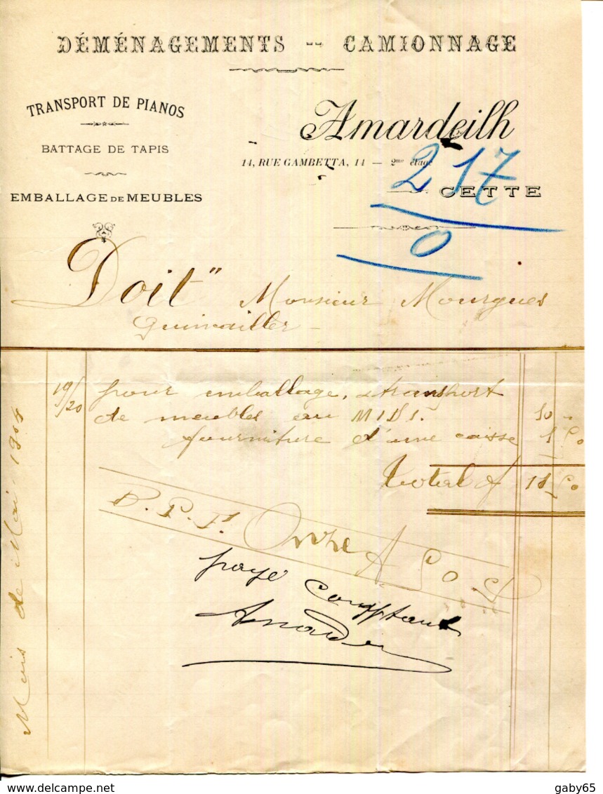 34.HERAULT.CETTE.DEMENAGEMENT.CAMIONNAGE.TRANSPORT DE PIANOS.AMARDEILH 14 RUE GAMBETTA. - Transportmiddelen