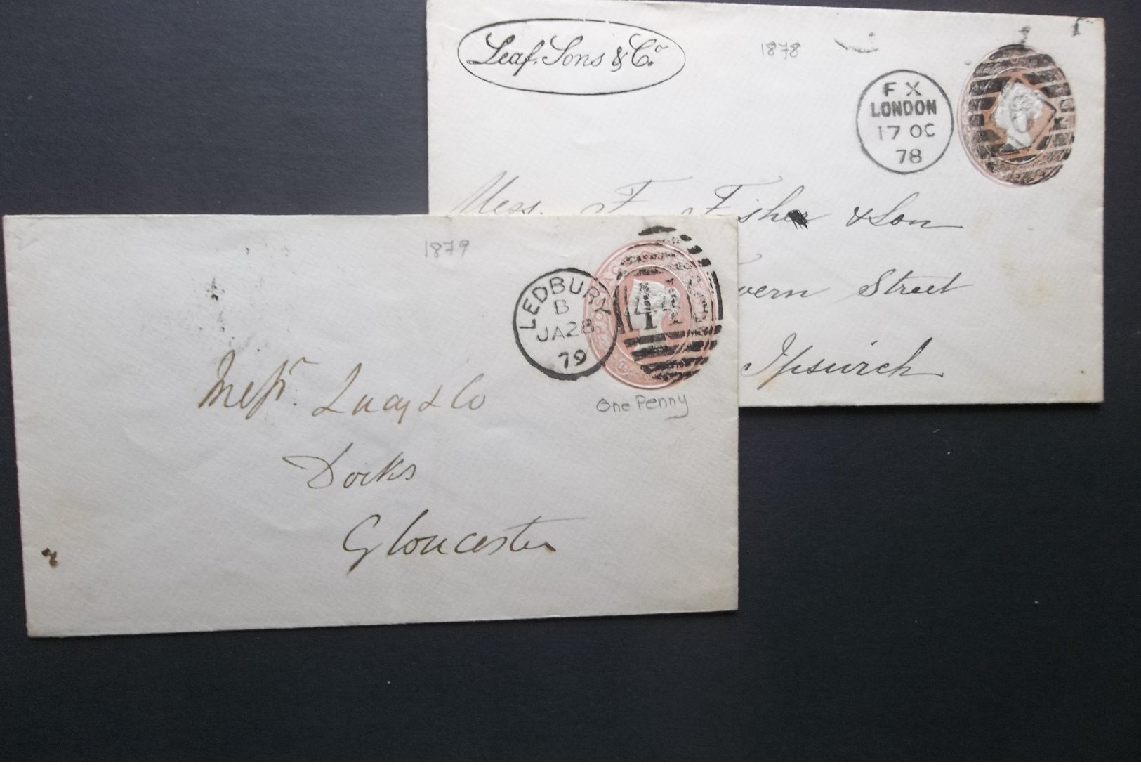 Great Britain: 1878 & 1879 Postal Envelopes To Glocestor, Etc.-Flap Faulty (#RU3) - Luftpost & Aerogramme