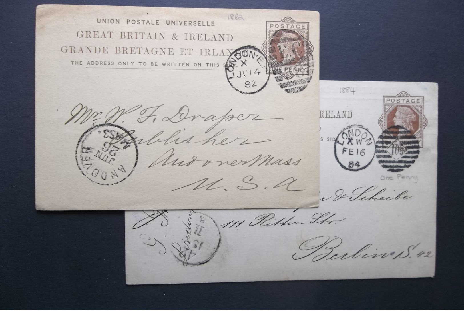Great Britain: 1882 & 1884 Postal Cards To Berlin, Etc. (#RU4) - Entiers Postaux