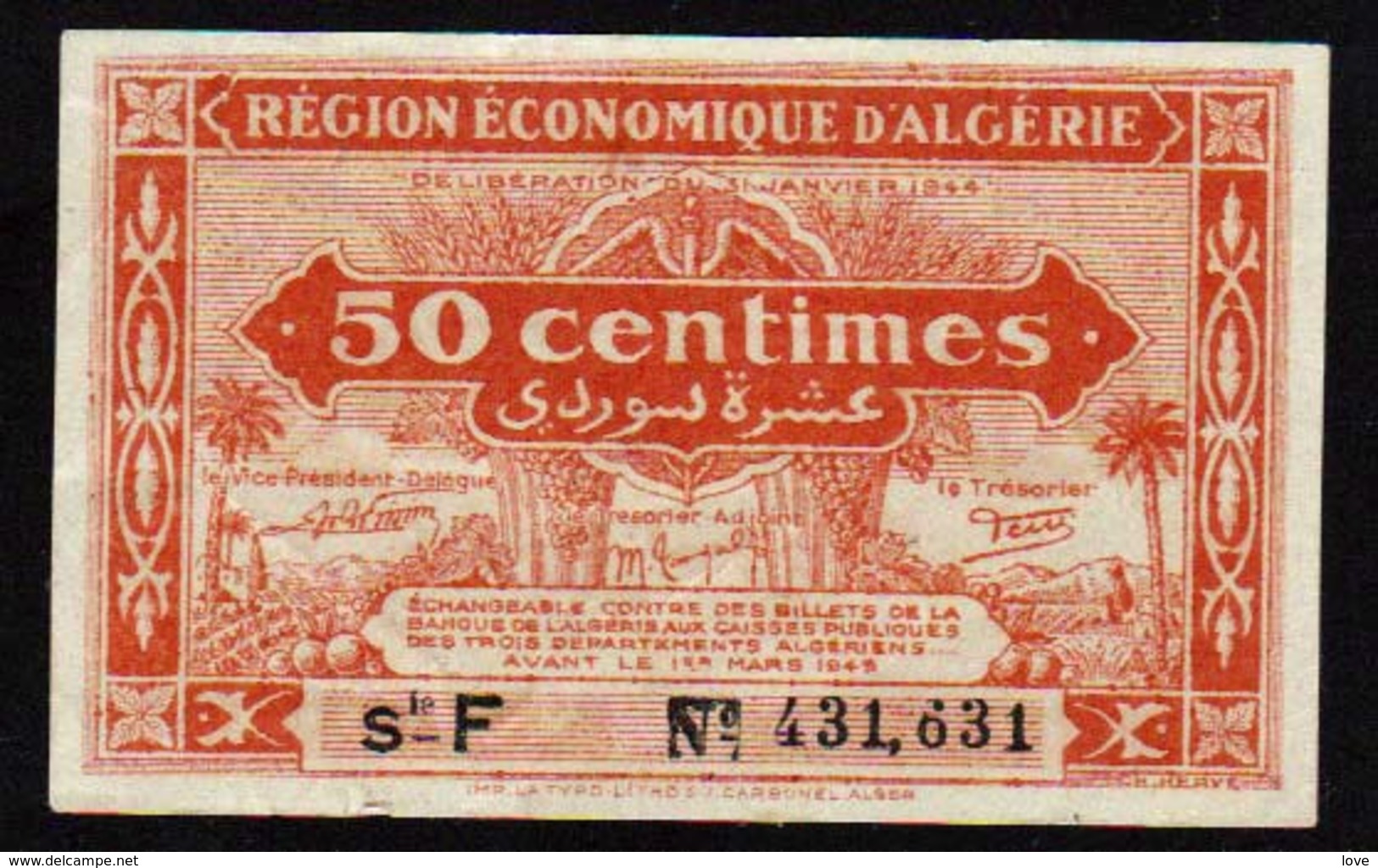 ALGERIE: Bilet De 50 C. Rouge Clair. Date 1944. N° 97b Série F (le Plus Rare) - Algeria