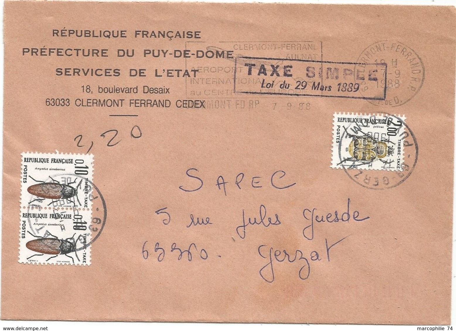 TAXE INSECTES 2FR+10C PAIRE GERZAT PUY DE DOME 1988 LETTRE TAXE SIMPLE - 1859-1959 Covers & Documents