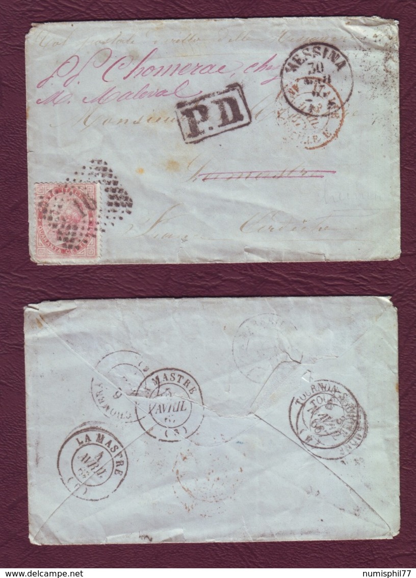 ITALIE- Lettre De MESSINA Pour La Mastre (Ardèche) Avec Port Dû Pour Le Retour - 1867 - Marcophilia