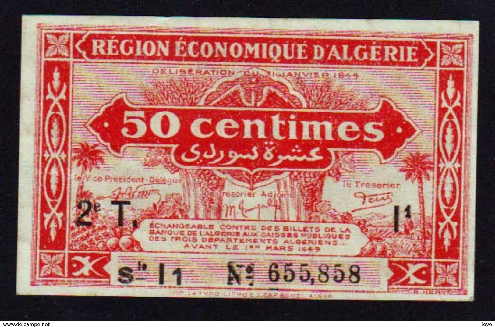 ALGERIE: Billet De 50 C Rouge Foncé. Date 1944. N° 100 (2ème Tirage) N'a Pas Servi - Algeria