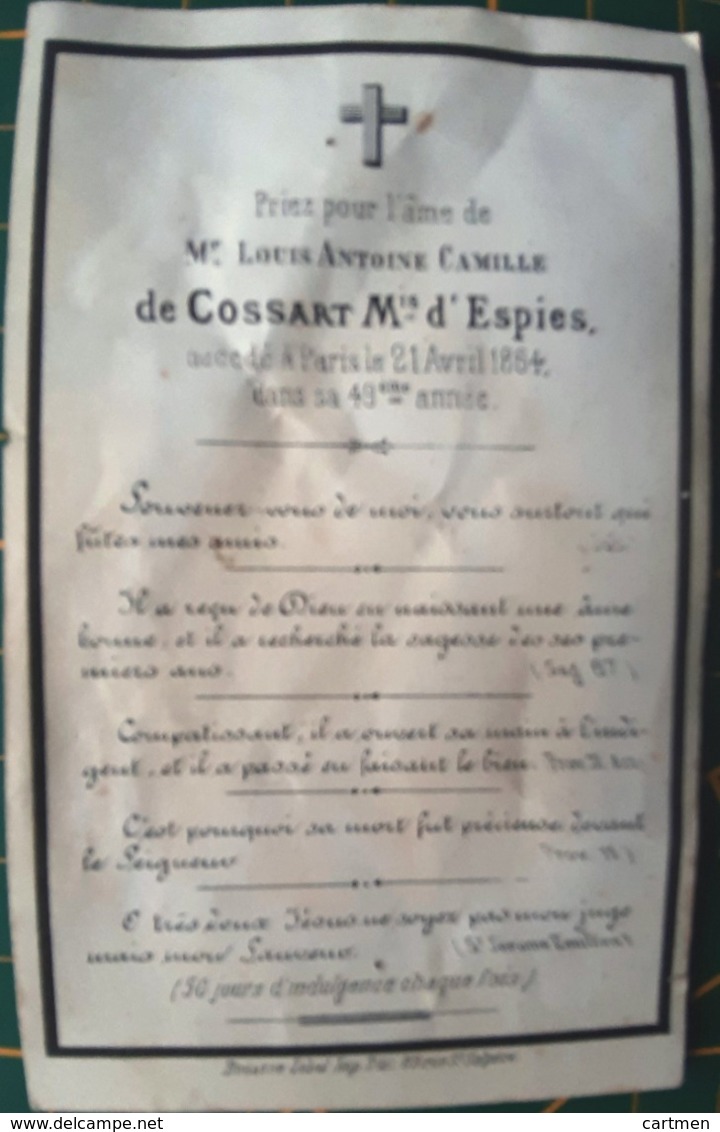 FAIRE PART DE DECES CAMILLE DE COSSART MARQUIS D'ESPIES  MEMENTO MORI  GENEALOGIE - 1914-18