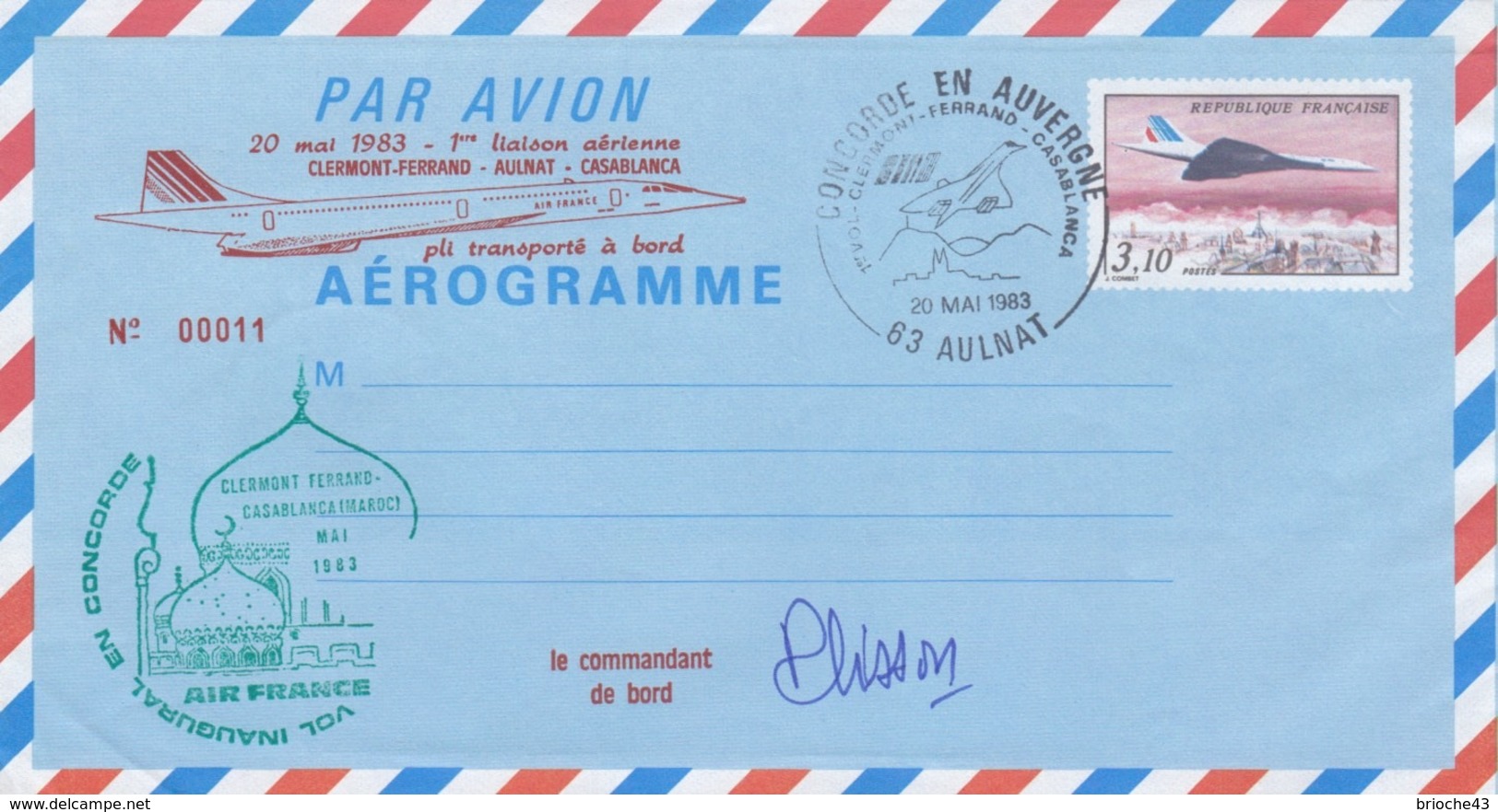 FRANCE - AEROGRAMME 3.10 CONCORDE -VOL INAUGURAL CLERMONT-FD CASABLANCA- 20.5.1983 AULNAT- SIGNATURE COMdt PLISSON /6183 - Aerogrammi