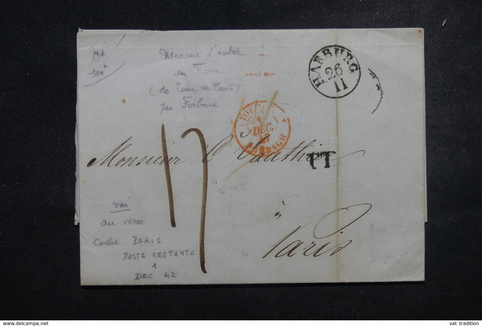 FRANCE / ALLEMAGNE- Cachet D'entrée " Tour T. / Forbach " En Rouge Sur Lettre De Harburg En 1847 - L 45752 - Marques D'entrées