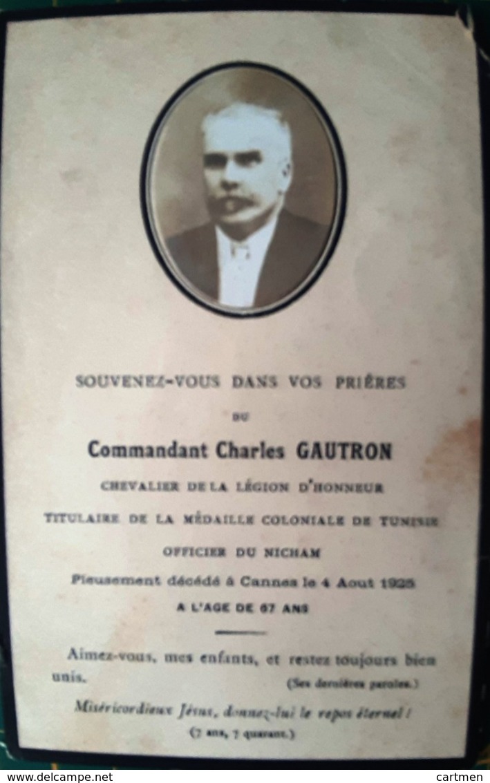 FAIRE PART DE DECES COMMANDANT CHARLES GAUTRON  MEMENTO MORI  GENEALOGIE - 1914-18