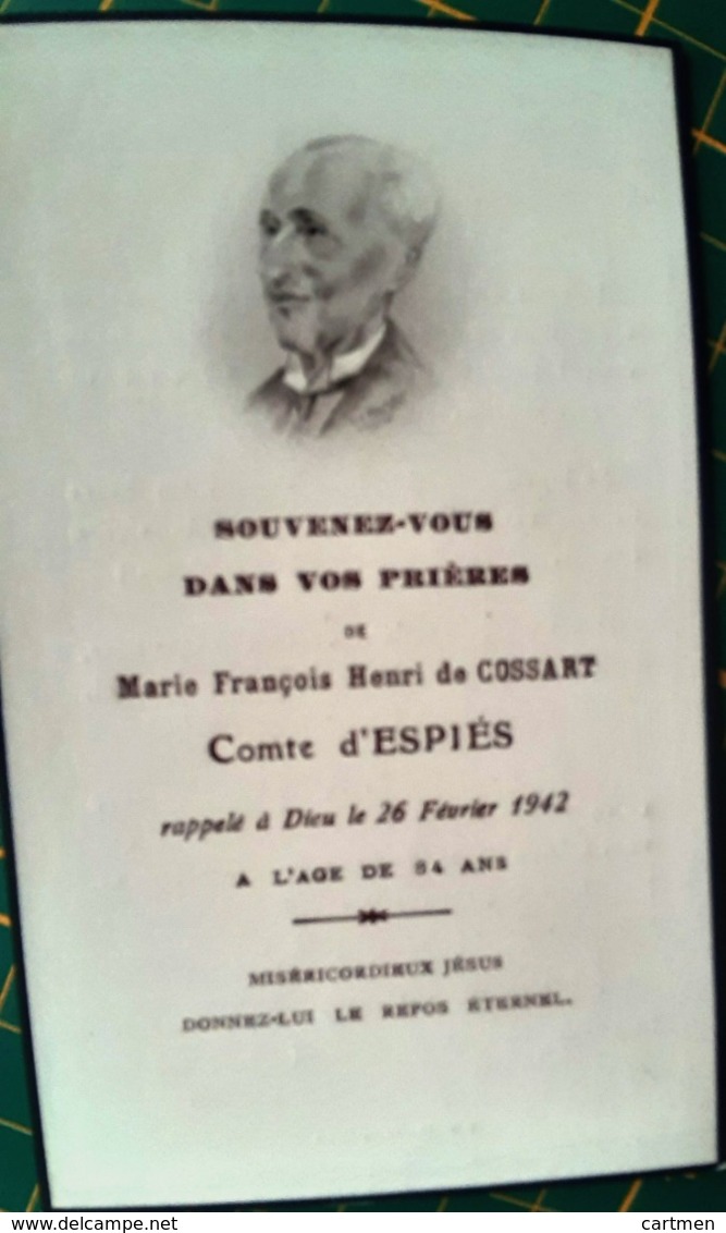 FAIRE PART DE DECES HENRI DE COSSART  COMTE D'ESPIES MEMENTO MORI  GENEALOGIE - 1914-18