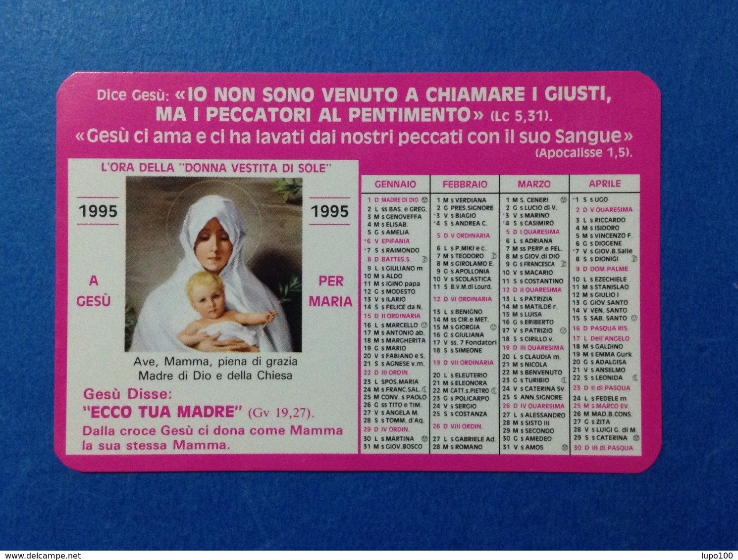 1995 Calendarietto Calendario Santino Holy Card Image Pieuse GAM Gioventu' Ardente Mariana - Santini