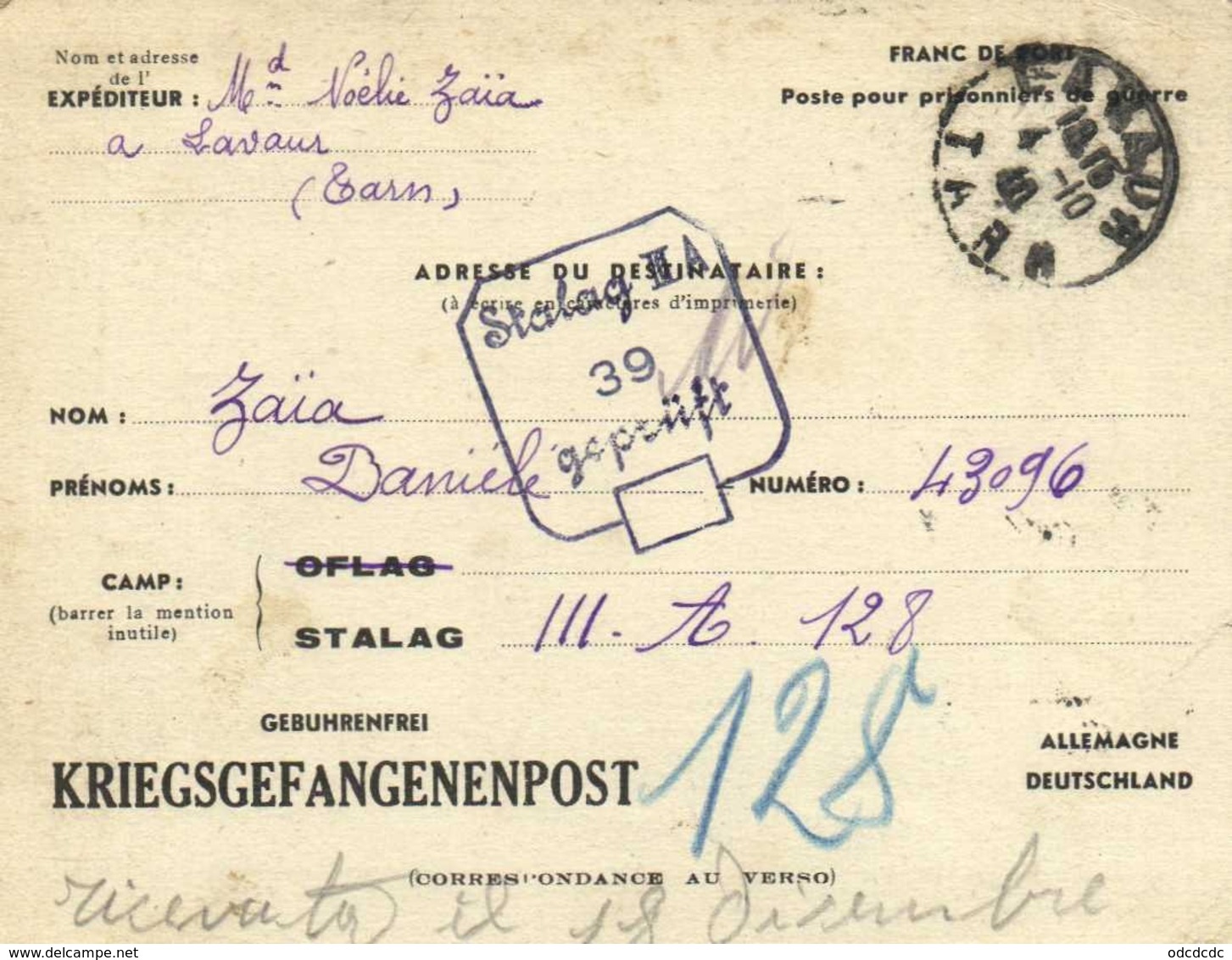 Franc De Port Poste Pour Prisonniers De Guerre De Lavaur Vers Stalag III A 39 Gepruft KRIEGSGEFANGENENPOST RV - Autres & Non Classés