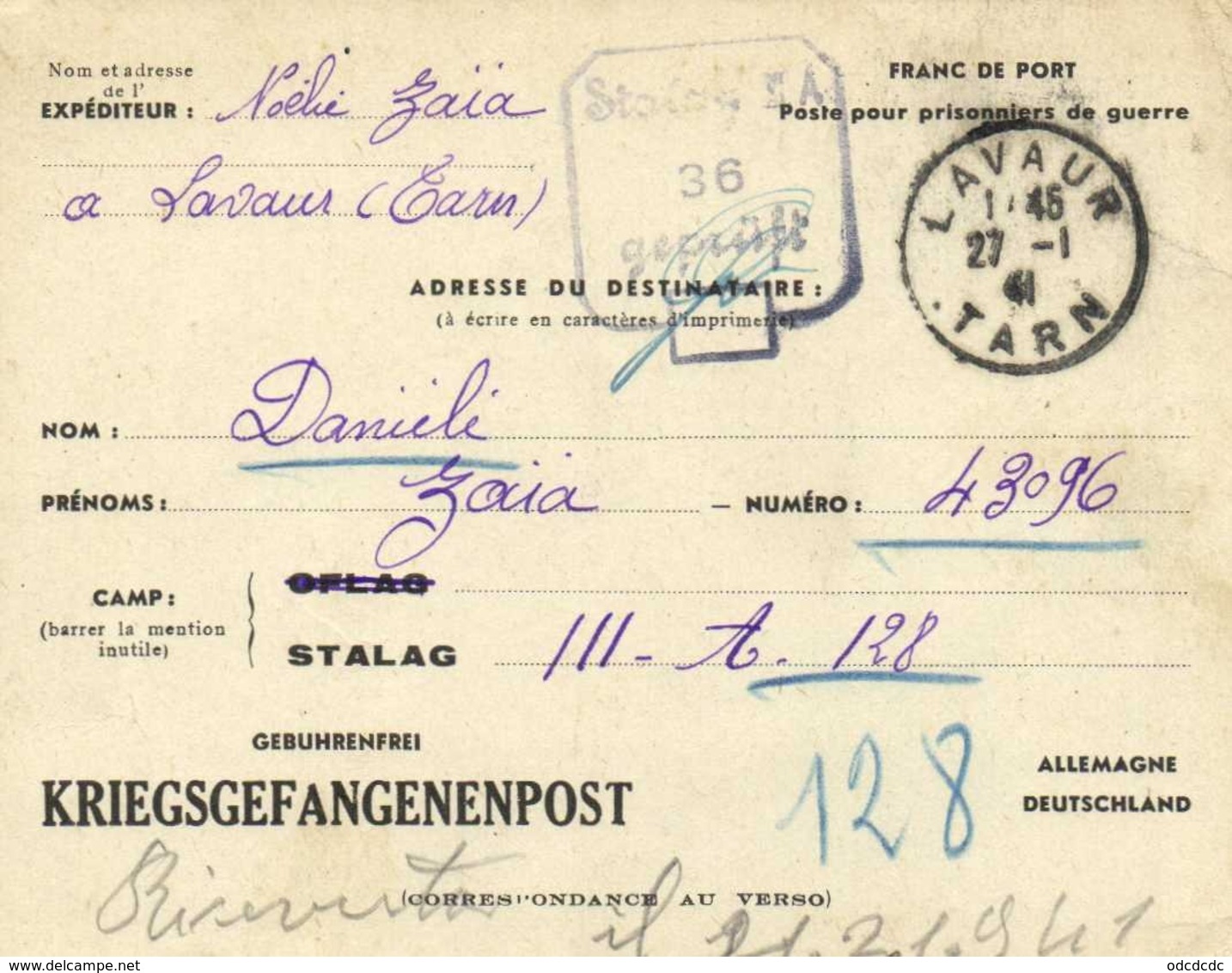 Franc De Port Poste Pour Prisonniers De Guerre De Lavaur Vers Stalag III A 36 Gepruft KRIEGSGEFANGENENPOST RV - Autres & Non Classés