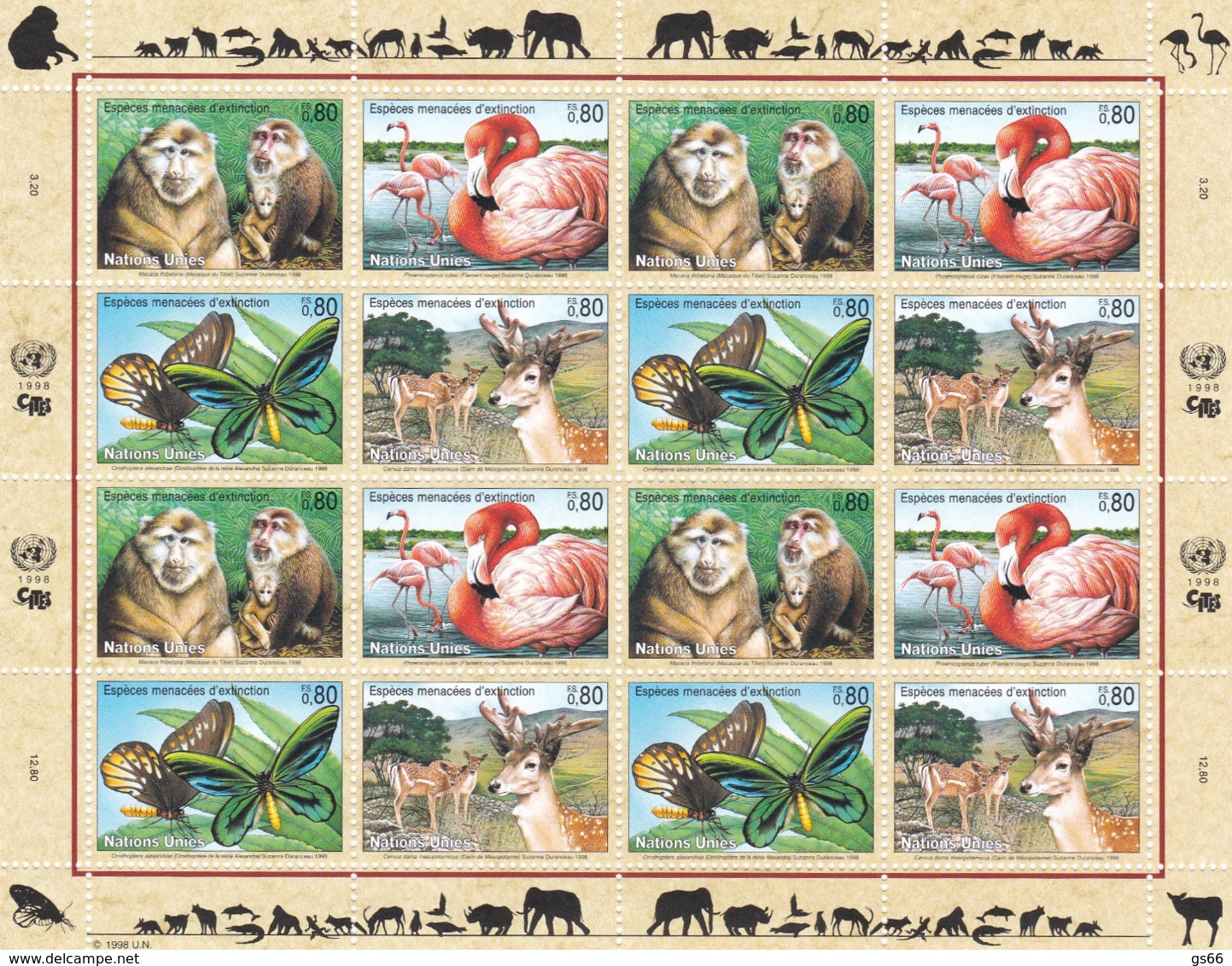 UNO-Genf, 1998, 330/33,  MNH **, Gefährdete Arten (VI): Fauna.  Kleinbogen - Nuovi