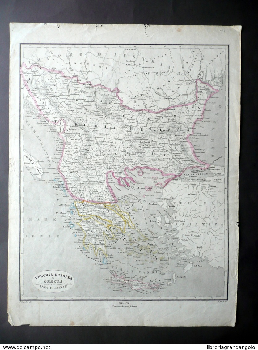 Carta Geografica Turchia Europea Grecia Isole Ionie Pagnoni Milano Fine '800 - Altri & Non Classificati