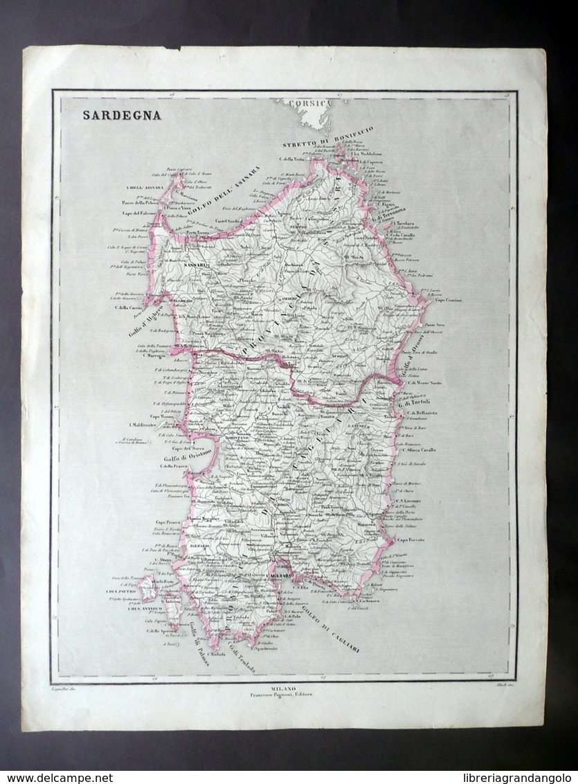 Carta Geografica Originale Sardegna Pagnoni Milano 1840-50 Colorazione D'Epoca - Altri & Non Classificati