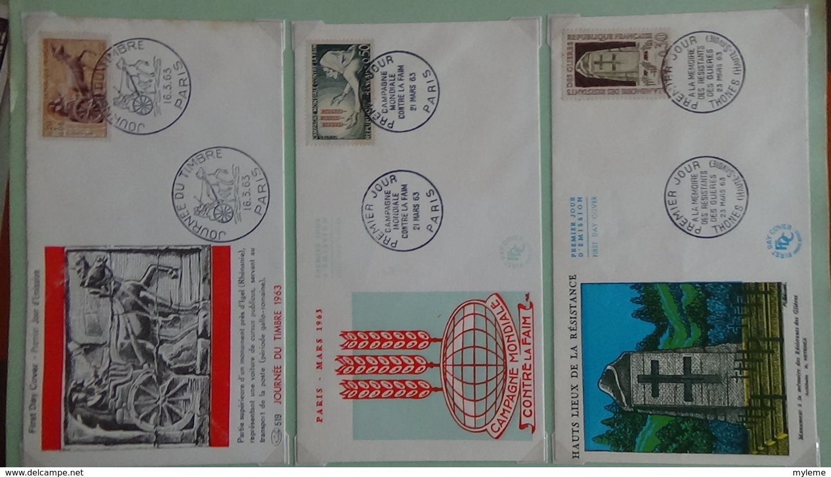 62 enveloppes 1er jour de France 1963 PORT OFFERT (lettre verte)  si ce lot dépasse les 10 euros soit 15cts/pièce