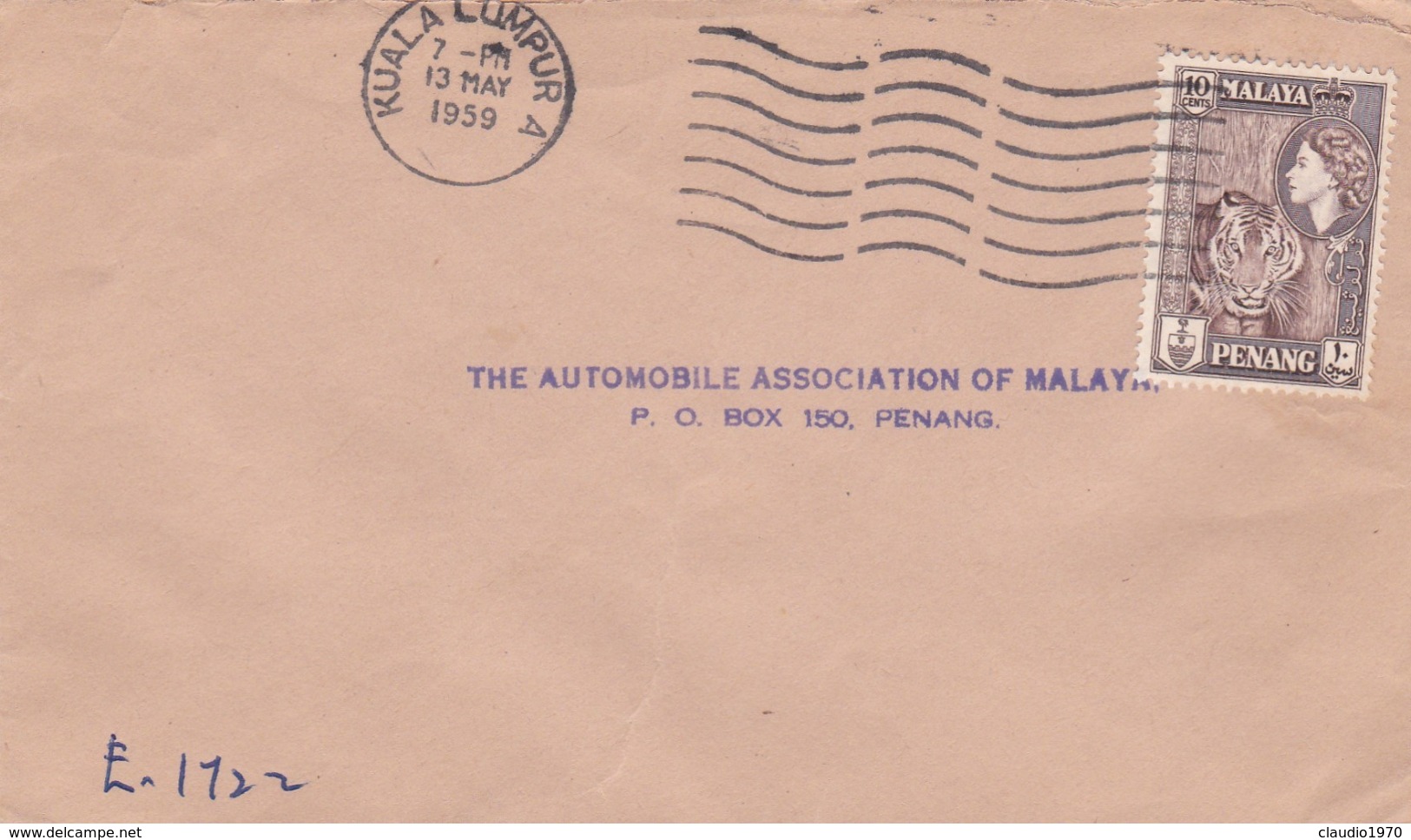 BUSTA VIAGGIATA - MALAYA - MALESIA - KUALA LAMPUR - THE AUTOMOBILE ASSOCIATION OF MALAYA - ANNO. 1959 - Maleisië (1964-...)