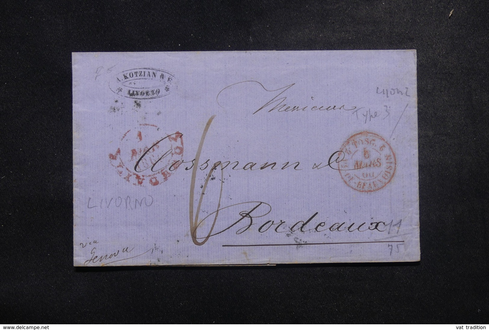 FRANCE / ITALIE - Cachet D'entrée " Tosc. / PT. De Beauvoisin 2 " En Rouge Sur Lettre De Livorno En 1860 - L 45777 - Marques D'entrées