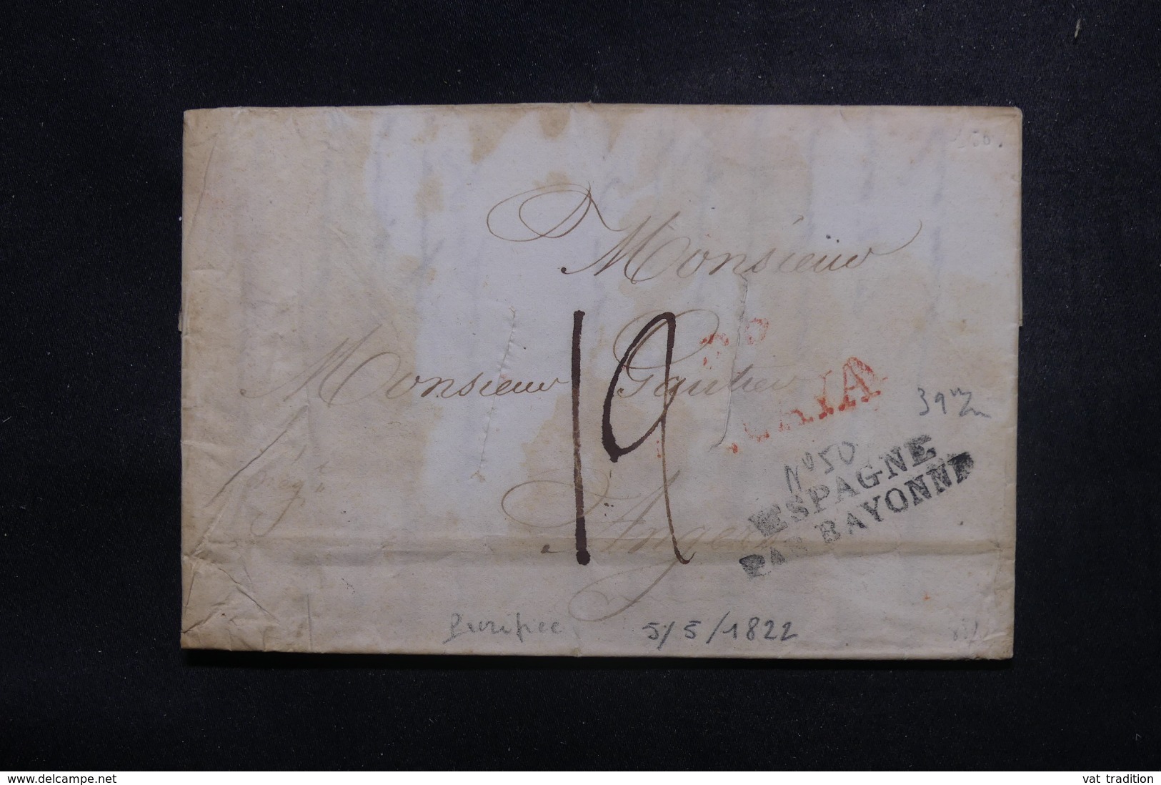 FRANCE / ESPAGNE - Cachet D'entrée " Espagne Par Bayonne " Sur Lettre En 1822 Avec Entailles De Purification - L 45782 - Marques D'entrées