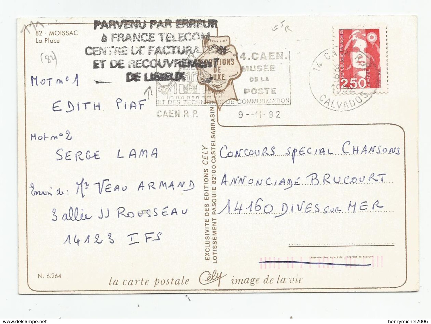 Marcophilie - Cachet Parvenu Par Erreur A France Télécom ..de Lisieux 14 Calvados - Moissac 82 - 1961-....