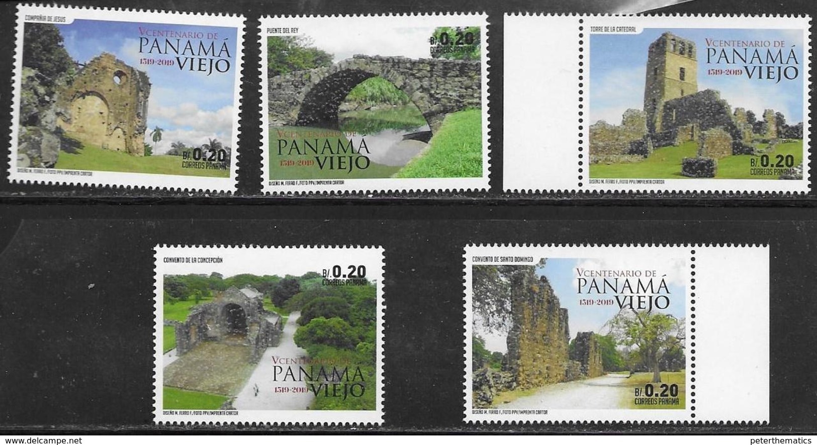 PANAMA, 2019, MNH, 500TH ANNIVERSARY OF OLD PANAMA, BRIDGES, CONVENTS, 5v, EMBOSSED STAMPS - Bridges