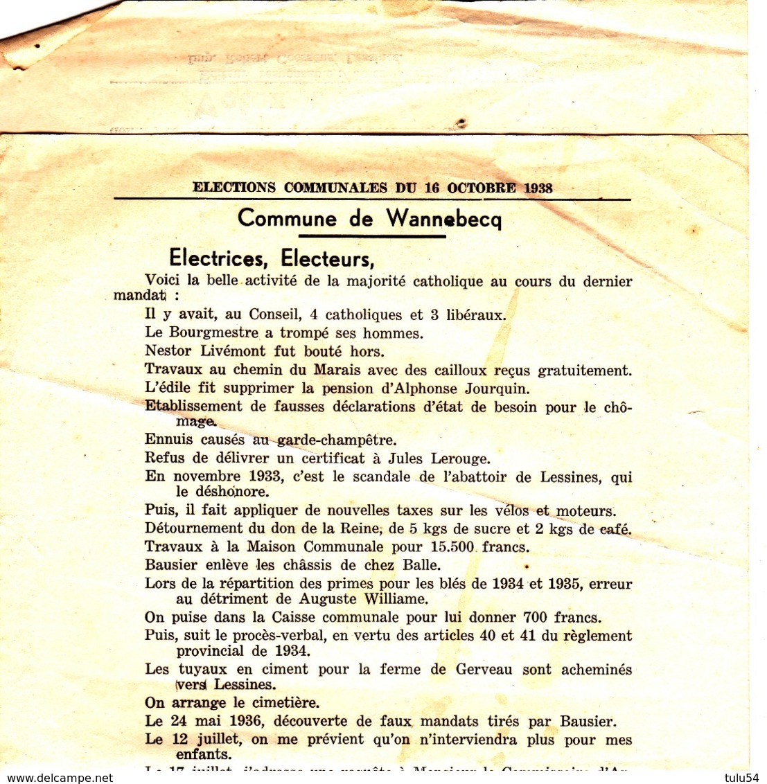 Commune De Wannebecq  Elections Communales Du 16 Octobre 1938 - Collections