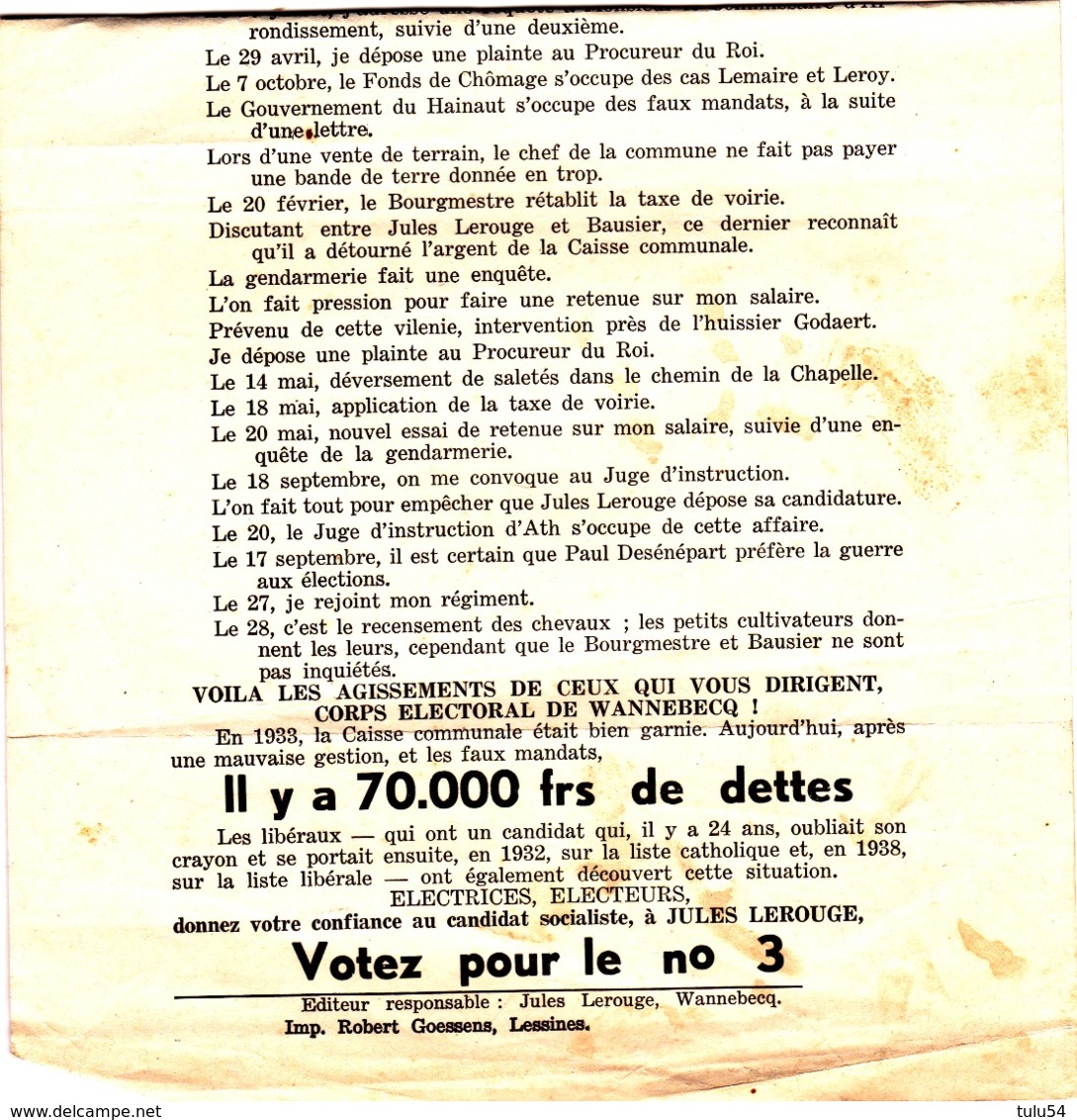 Commune De Wannebecq  Elections Communales Du 16 Octobre 1938 - Collections