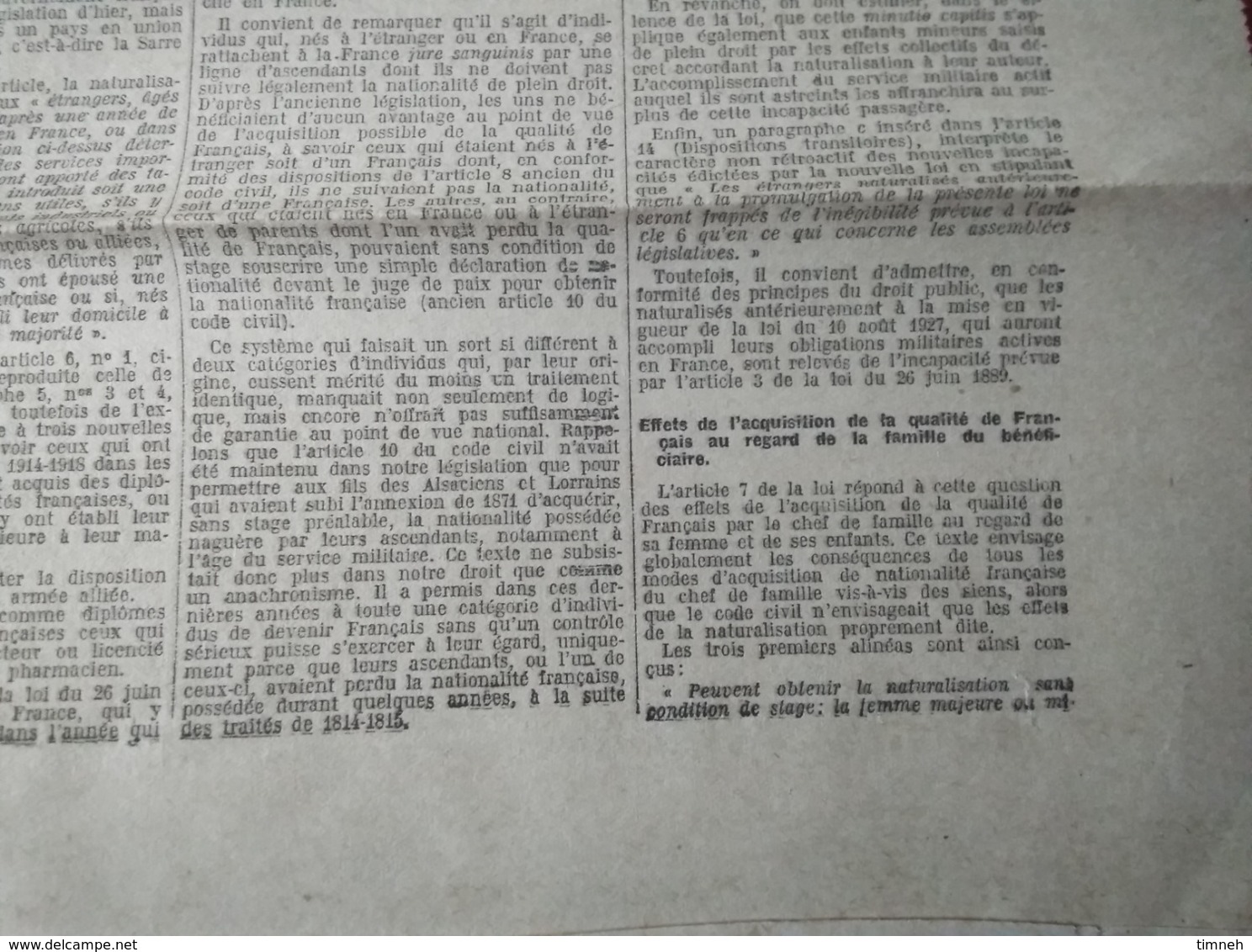 14 AOUT 1927 - LOI SUR LA NATIONALITE SUIVIE DES DECRET ET INSTRUCTIONS N°146 - JOURNAL OFFICIEL