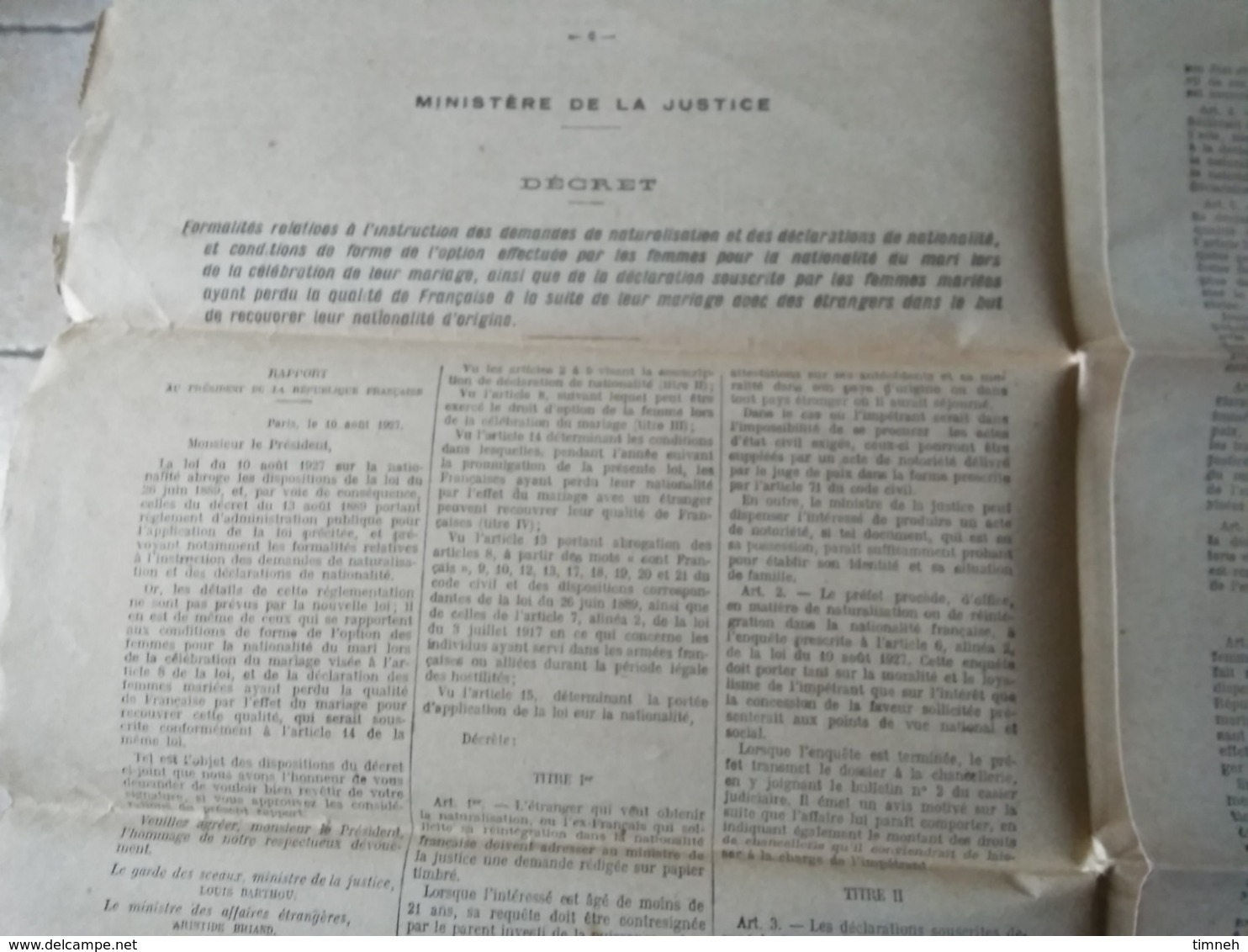 14 AOUT 1927 - LOI SUR LA NATIONALITE SUIVIE DES DECRET ET INSTRUCTIONS N°146 - JOURNAL OFFICIEL