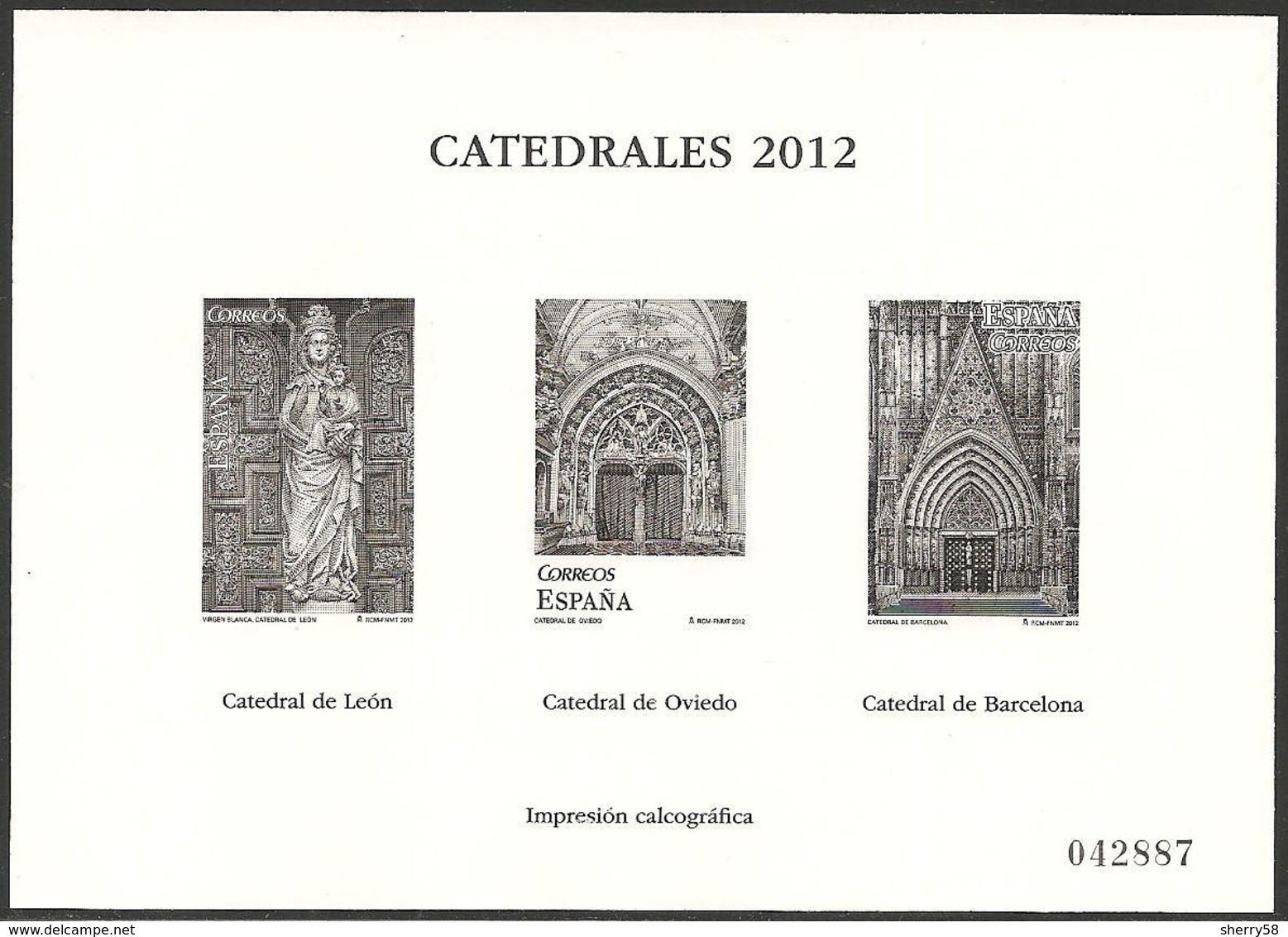 2012-PRUEBA DE IMPRESIÓN CALCOGRÁFICA-CATEDRALES LEÓN, OVIEDO Y BARCELONA- - Essais & Réimpressions