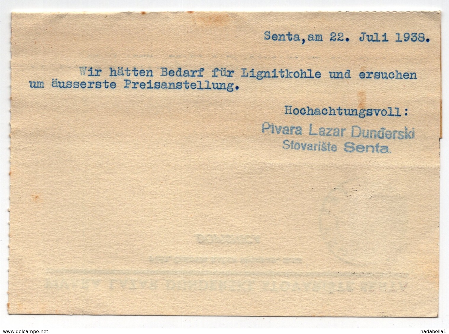 1938,YUGOSLAVIA, SERBIA, SENTA TO VRSAC, CORRESPONDENCE CARD, BREWERY LAZAR DUNDJERSKI - Storia Postale
