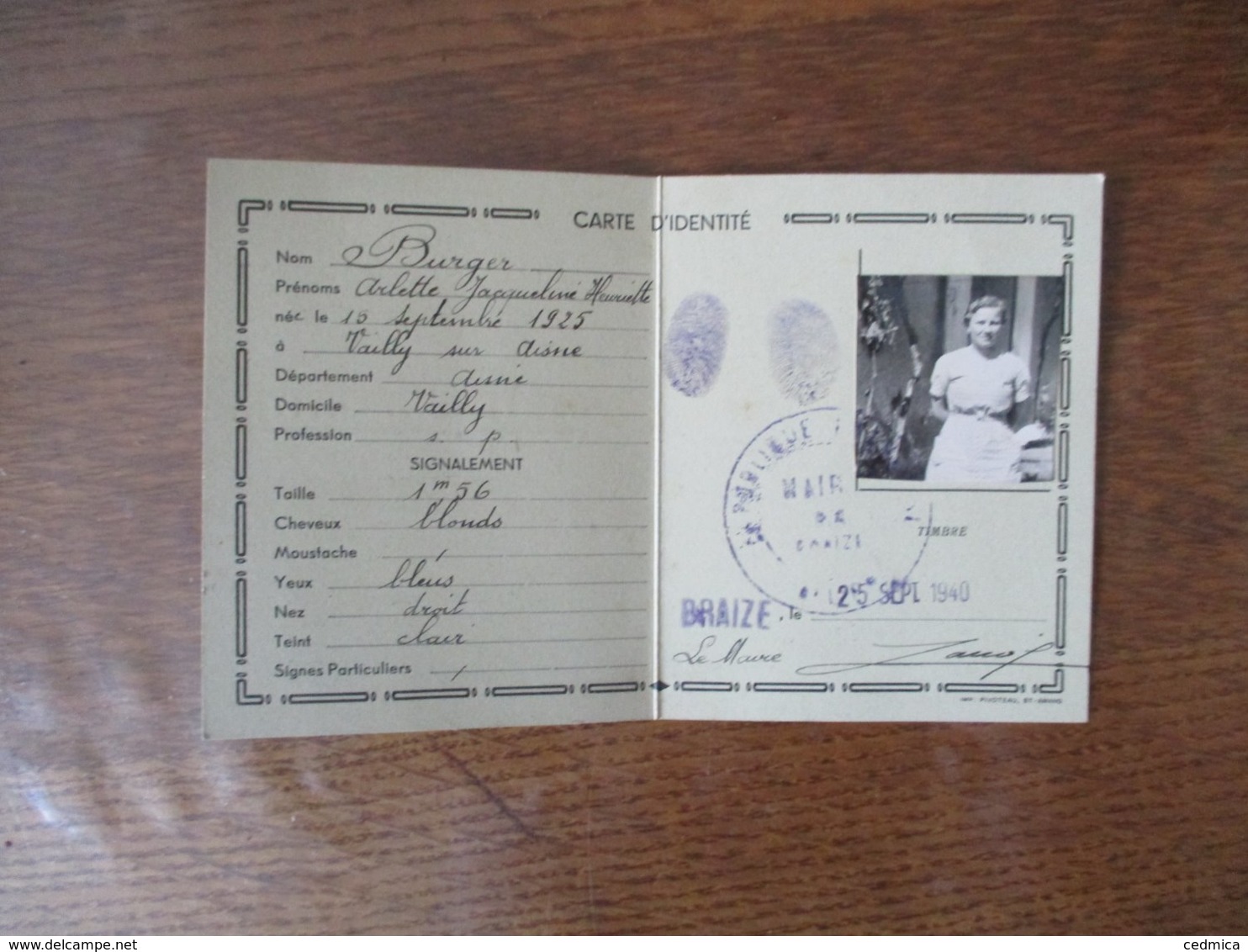 CARTE D'IDENTITE VAILLY SUR AISNE DELIVREE LE 25 SEPT. 1940 MAIRIE DE BRAIZE (ALLIER) - Sonstige & Ohne Zuordnung