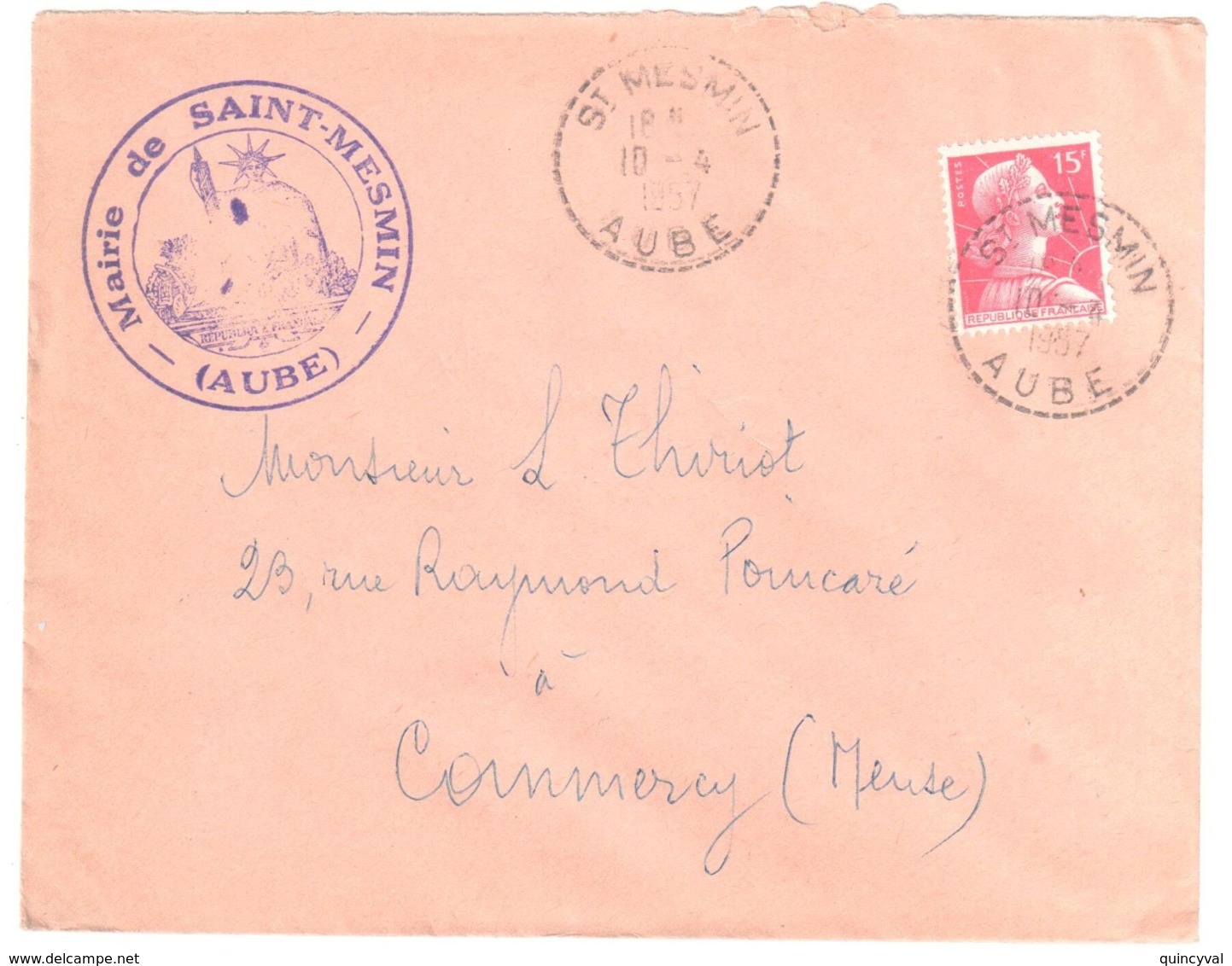 St MESMIN Aube Lettre 15F Muller Rouge Yv 1011 Ob 10 4 1957 Cercle Pointillé Lautier B7 Recette Distribution - Storia Postale