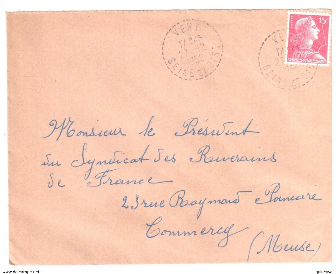 VERT Seine Et Oise Lettre 15F Muller Rouge Yv 1011 Ob 27 12 1956 Cercle Pointillé Lautier B7 Recette Distribution - Lettres & Documents